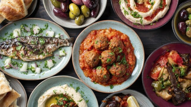 Mediterranean feast: tantalizing spread of grilled fish, meatballs, hummus, and fresh olives