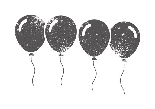 Four dark gray distressed balloons with strings white