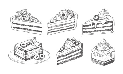 Hand drawn collection of six different cake slices with berries and cream dessert © Ali