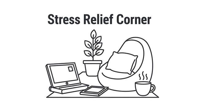 Stress relief corner with a comfortable bean bag chair, a potted plant, a laptop, and a cup of coffee