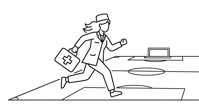 A line art illustration of a female doctor running with a medical bag.