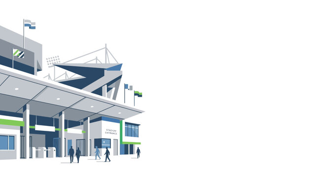 Modern stadium entrance gate with crowd walking toward the sports venue.