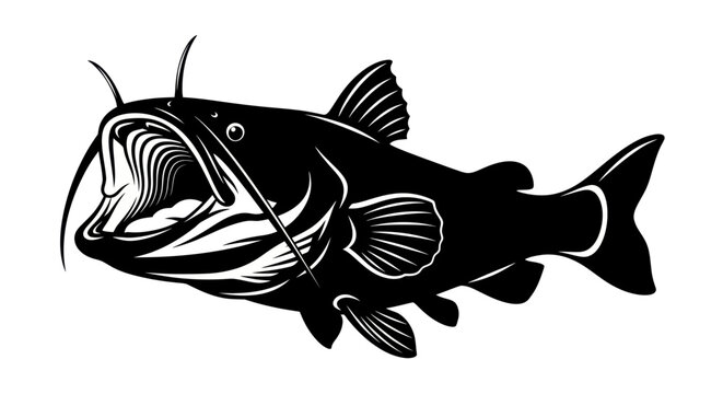 Aggressive Catfish Silhouette with Open Mouth and Sharp Teeth, Underwater Predator
