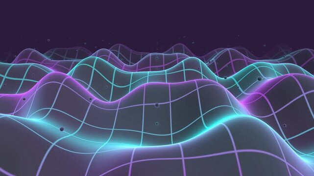 Neon wireframe grid landscape with glowing purple and cyan waves in retro synthwave style