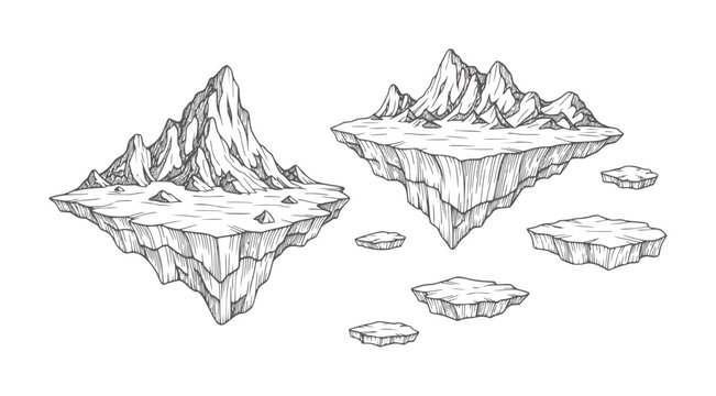 Hand drawn floating islands with jagged peaks and rocky surfaces mountain