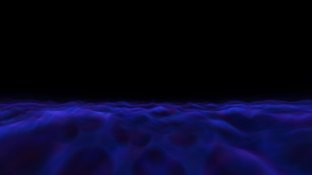 Dark blue cosmic waves undulating across a vast black horizon in a surreal alien ocean setting with moody atmospheric lighting and deep shadows