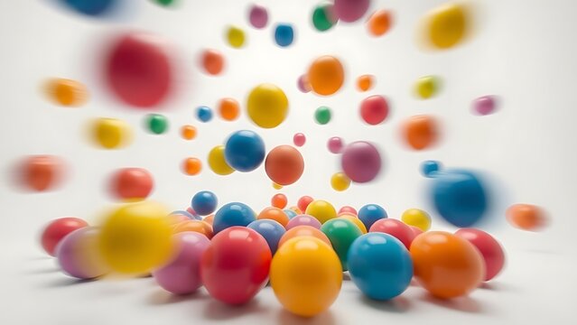 Colorful bouncing balls leaving motion trails in a minimalist white room.