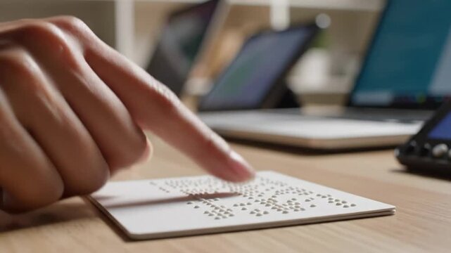 Closeup of a persons finger tracing Braille text on a small card with laptops in the blurred background highlighting accessibility and technology.