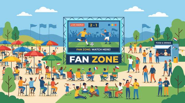 Large outdoor fan zone with people watching a live soccer match on a big screen.