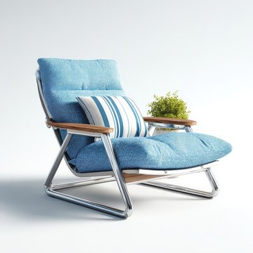 Modern Blue Armchair with Striped Pillow and Plant on White Background