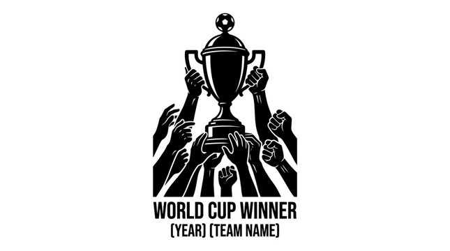 Black and white illustration of hands lifting a championship trophy cup.