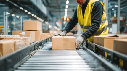 Fototapeta premium Male warehouse worker in yellow safety vest places cardboard box on conveyor belt in a distribution center with packages and industrial setting visible