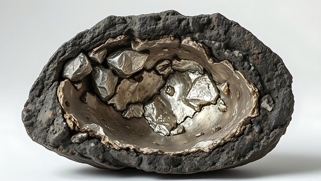 Close-up of a cut-open meteorite revealing shiny nickel-iron alloy patterns inside.