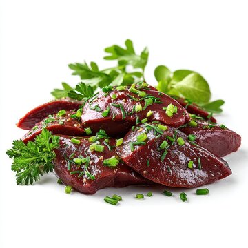 Fresh Raw Beef Liver with Herbs on a White Background