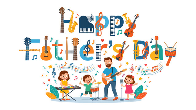 Melodic Father's Day Celebration: A vibrant, musical illustration that features a father playing guitar with his children, harmonizing with musical instruments, representing joy and togetherness.