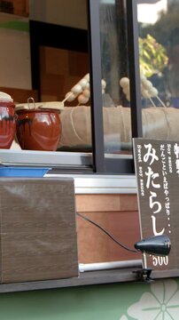 Traditional Mitarashi Dango Skewers at an Outdoor Tokyo Street Food Stall