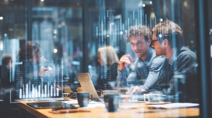 Fototapeta premium Two male professionals collaborating on a laptop in a modern office, with financial graphs and data displayed on a glass wall in the background