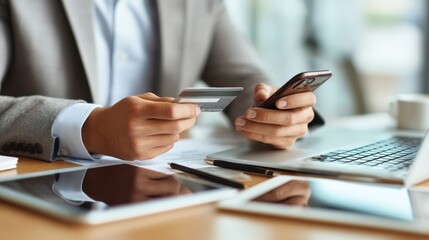 Fototapeta premium Businessman in gray suit holding credit card and smartphone while seated at desk with laptop and tablet, focused on online transaction in modern office setting
