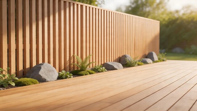 Wooden deck with vertical slat fence