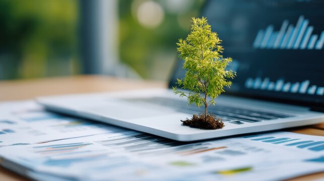 Small green tree growing from a laptop keyboard on a desk with financial reports and charts in the background, symbolizing sustainability and technology integration