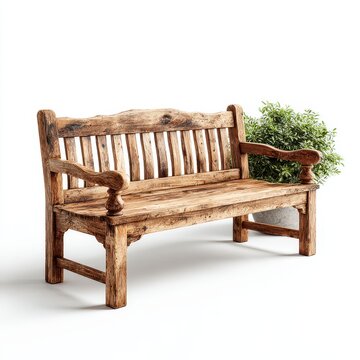 Rustic Wooden Bench with Plant on White Background, Outdoor Furniture