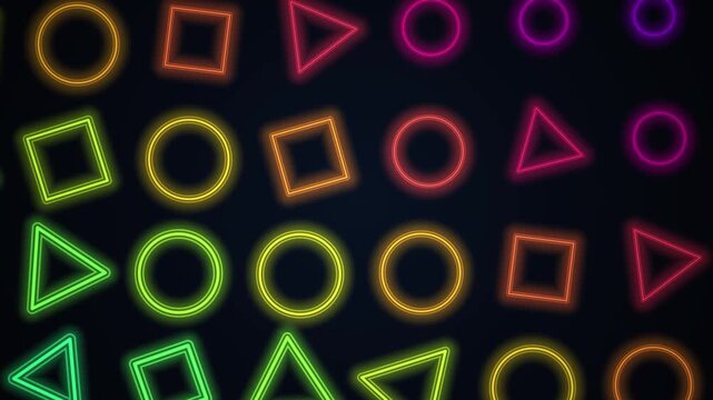 Neon geometric shapes loop background animation. Seamless loop of glowing neon shapes. Abstract background
