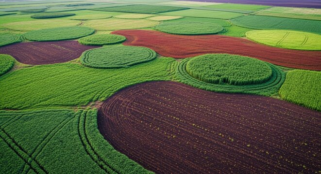 Aerial view of vibrant circular crop patterns in a regenerative field