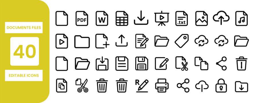 Forty editable file and document icons set vector illustration.
