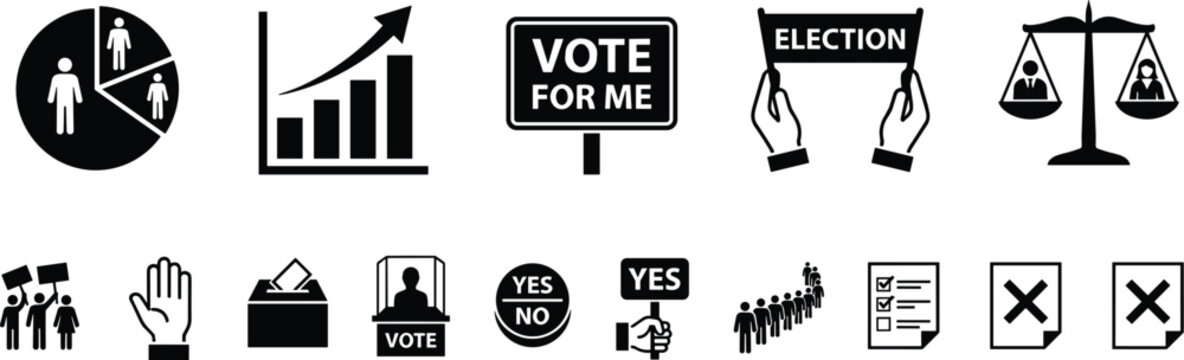 Comprehensive election and voting icons collection featuring ballot boxes, protest signs, podium speakers, justice scales, and civic participation symbols