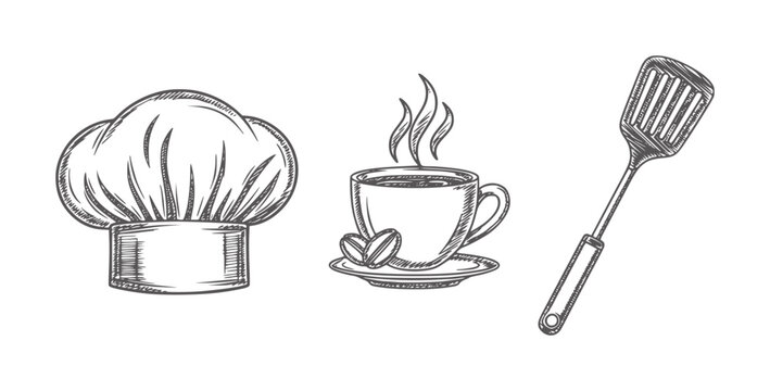Of chef hat coffee cup with beans and spatula toque