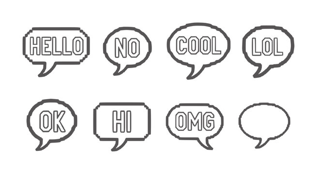 Pixelated speech bubbles with words hello no cool lol ok hi omg text