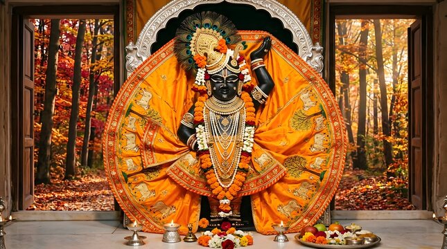 Lord Krishna Hindu Deity Black Idol Statue Decorated with Orange Marigold Flowers Garlands Peacock Feather Crown in Temple with Autumn Forest Background, Religious Devotional