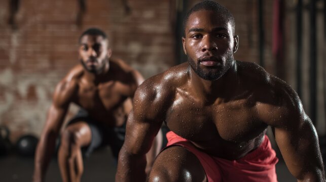 Two athletic African American men performing squats in a gym with exposed brick walls and fitness equipment in the background, showcasing strength and determination