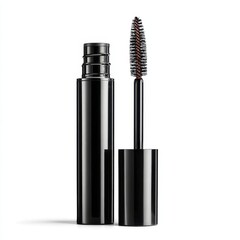 Obraz premium Elegant Black Mascara Tube with Applicator Brush on White Background