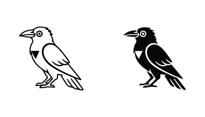 Obraz premium Raven bird vector icon set featuring stylized crow in outline and solid black silhouette for gothic or mysterious branding