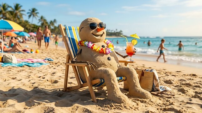 Cheerful Sand Creature Lounge on Beach in Sunglasses with Tropical Drink