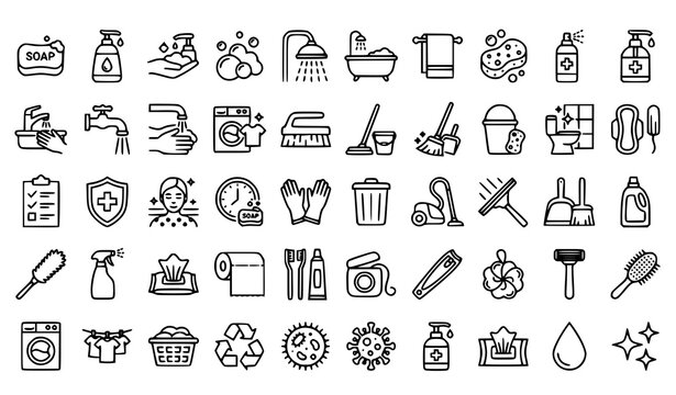 Comprehensive collection of icons for home maintenance, cleaning tools, and sanitation.