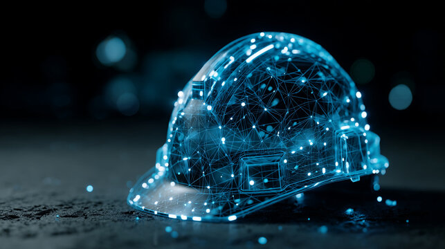 Digital safety helmet with glowing blue network connections, smart construction