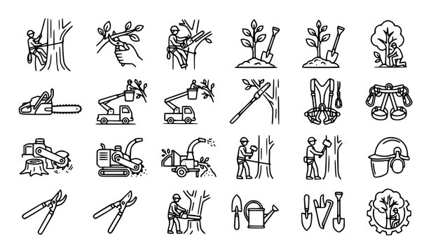 Set of professional icons for wood cutting, chainsaws, and arboriculture services.