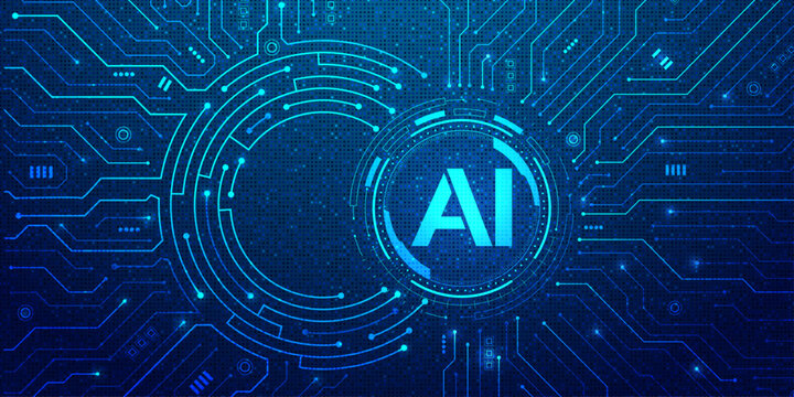 AI chip icon centered on semiconductor circuit board with glowing elements and wires. Microchip positioned right, leaving space for text on blue tech background. Digital blue technology background