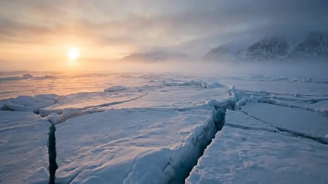 Planet, frozen ocean surface, cracked ice sheet, ancient glacial epoch, Sturtian glaciation, Marinoan period, Snowball Earth concept, frigid environment, misty mountain, distant sun, vast expanse.
