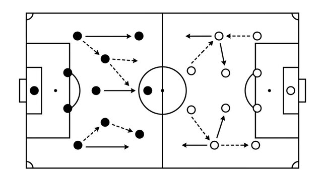 Soccer field tactical board showing player movement patterns and passing drills.
