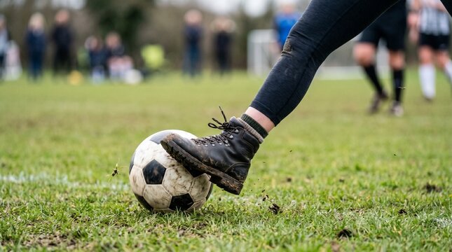 Close-up of Athlete's Leg and Muddy Boot Kicking Soccer Ball on Grass Field, Amateur Football Action Shot in Park, Authentic Sports and Recreational Fitness Lifestyle Photography