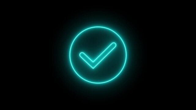 Glowing neon light Check mark icon and tick mark icon.animation and black background.