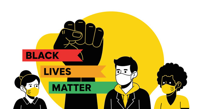 A vibrant illustration depicting diverse individuals with masks, raising a fist in solidarity. Modern, flat design emphasizing social justice