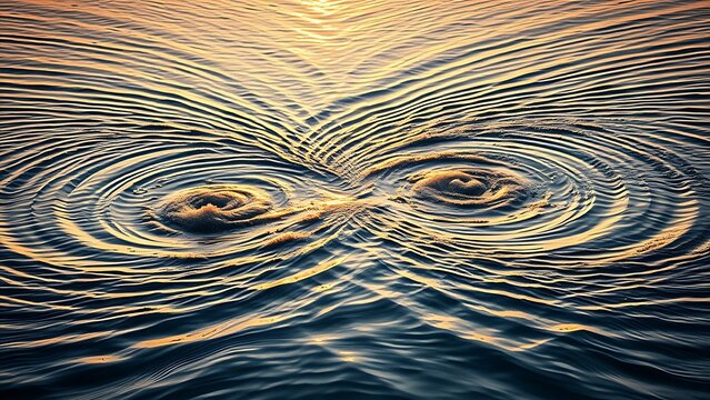 Opposing winds creating chaotic ripples on a lake surface at golden hour.