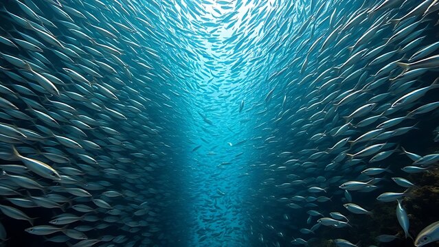 A large school of sardines moving tightly through a narrow coral passage.
