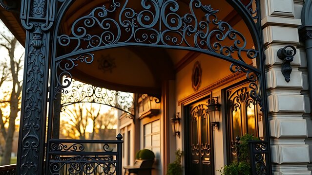 Ornate Art Nouveau porch with intricate ironwork during golden hour.