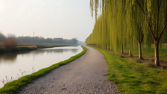 Peaceful gravel path along calm canal lined with willow trees in daylight.