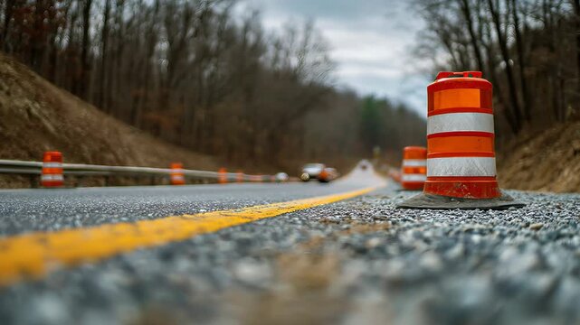 Road construction with closed lane, traffic cones and temporary maintenance safety signs on street work zone